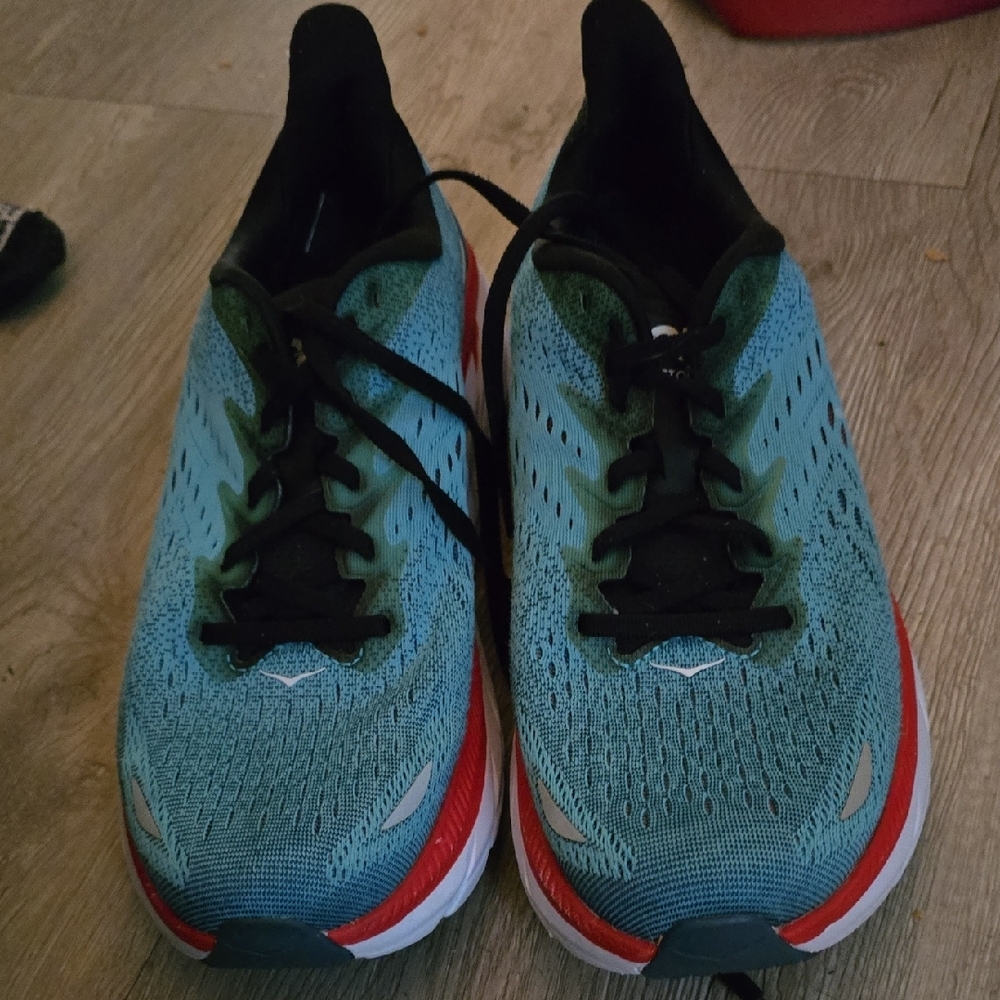 Mens HOKA Clifton 8 Teal and Red Running Shoes Size 9.5 D.